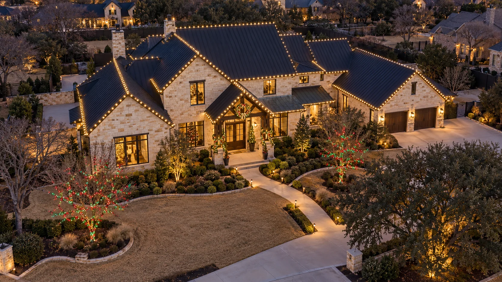 Lighting inspiration: an aerial view of a Texas home with warm white rooflines and red and green trees.