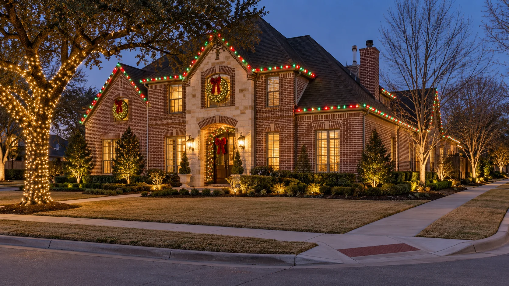 Lighting inspiration: a corner-lot brick home outlined in red and green with a warm white oak.