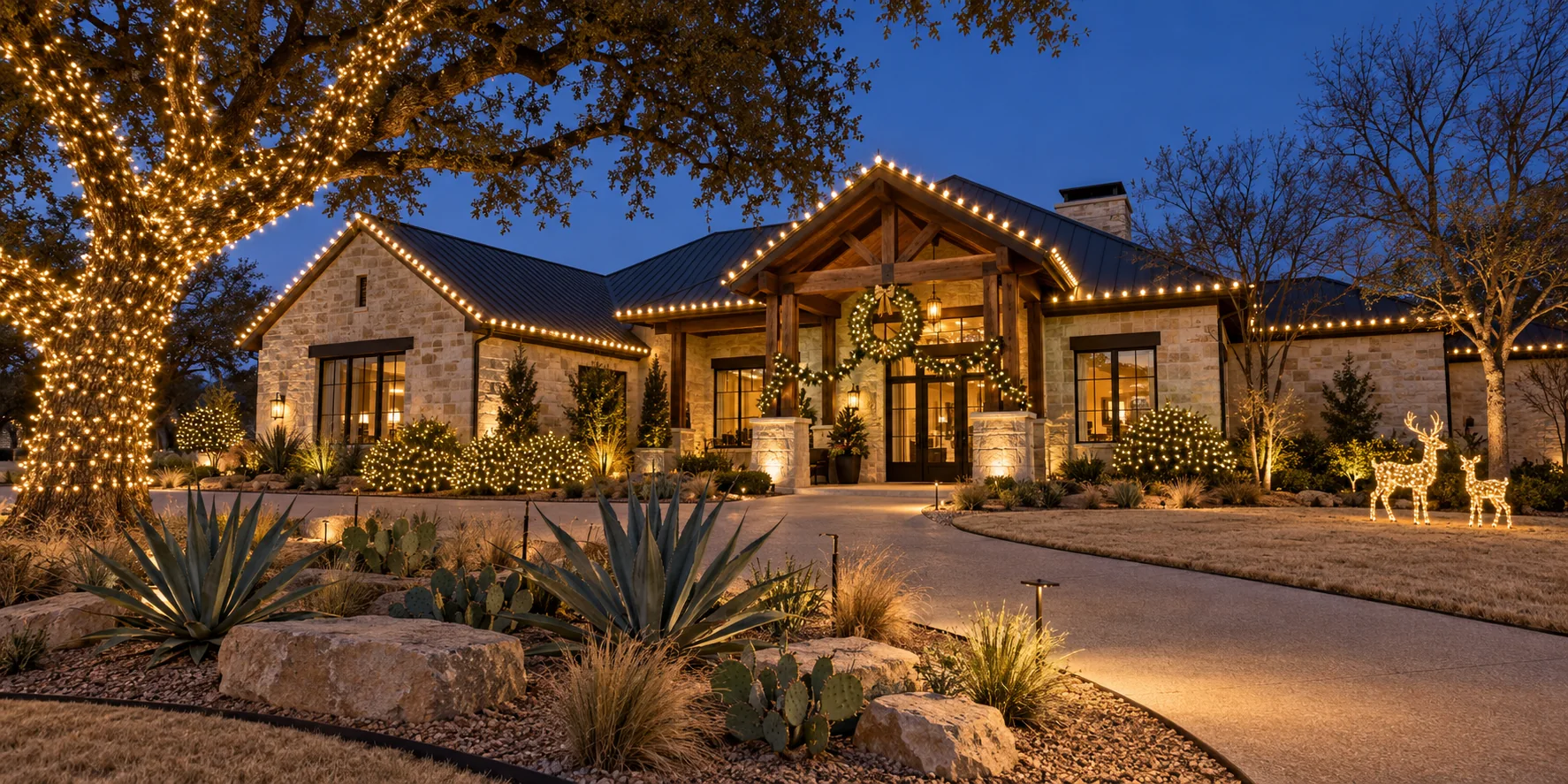 Lighting inspiration: a Texas ranch home with warm white roofline lights, an illuminated oak and a wreath at the timber entry.