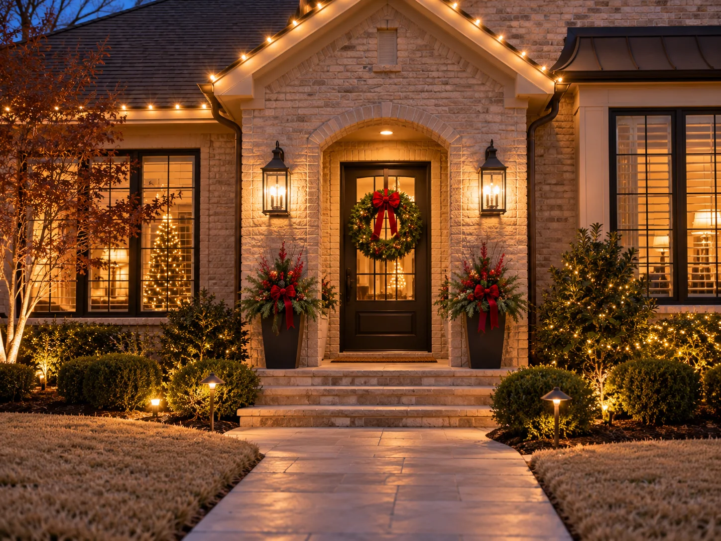 Concept: a warmly lit porch with seasonal greenery.