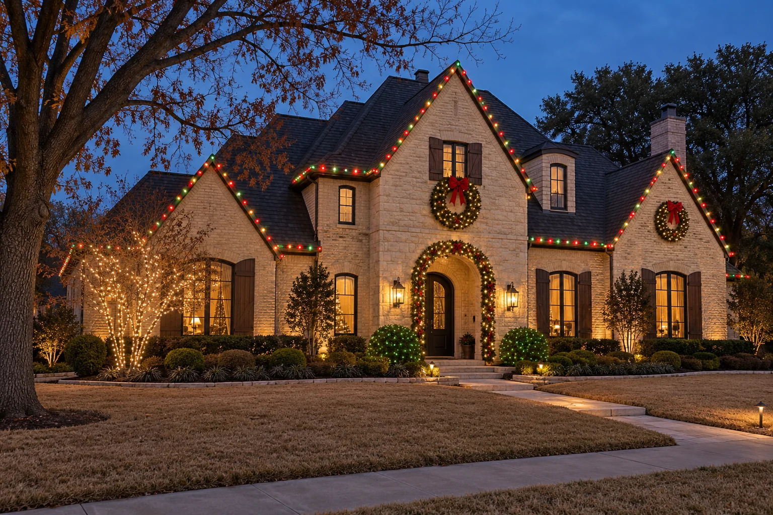 Lighting inspiration: red and green roofline lights with wreaths on a stone home.