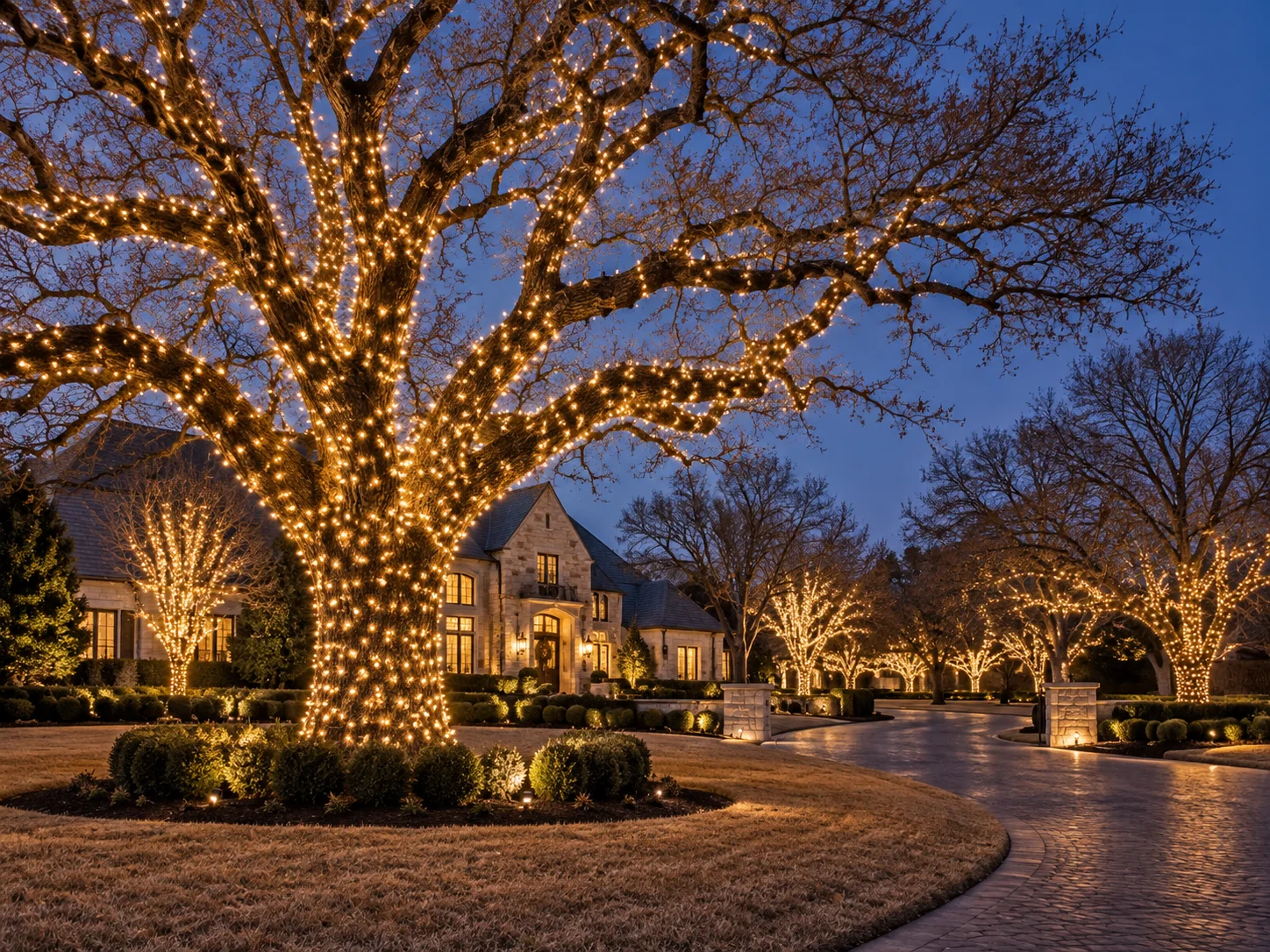 Concept: oak trees wrapped in warm lights.