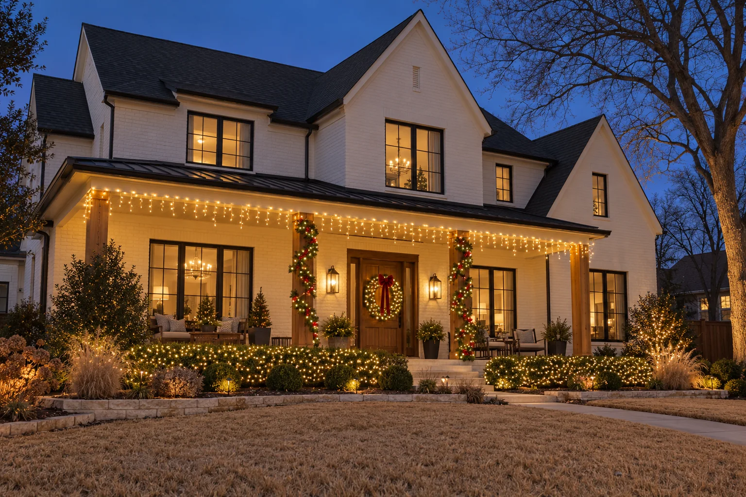 Lighting inspiration: warm white icicle lights, garland and lit shrubs on a farmhouse porch.